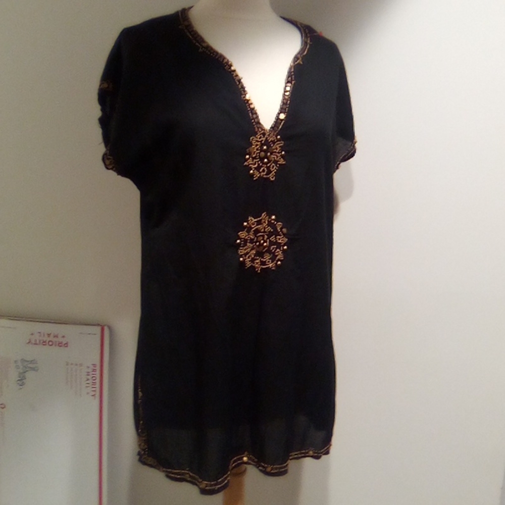 Black Bronze Beaded Raviya Short Sleeve Tunic